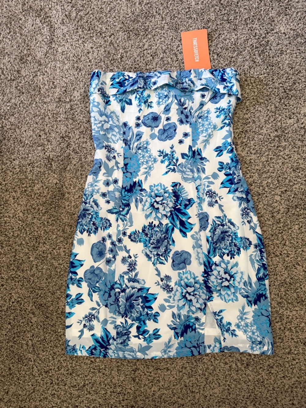 Floral Strapless Cocktail Dress in Blue and White